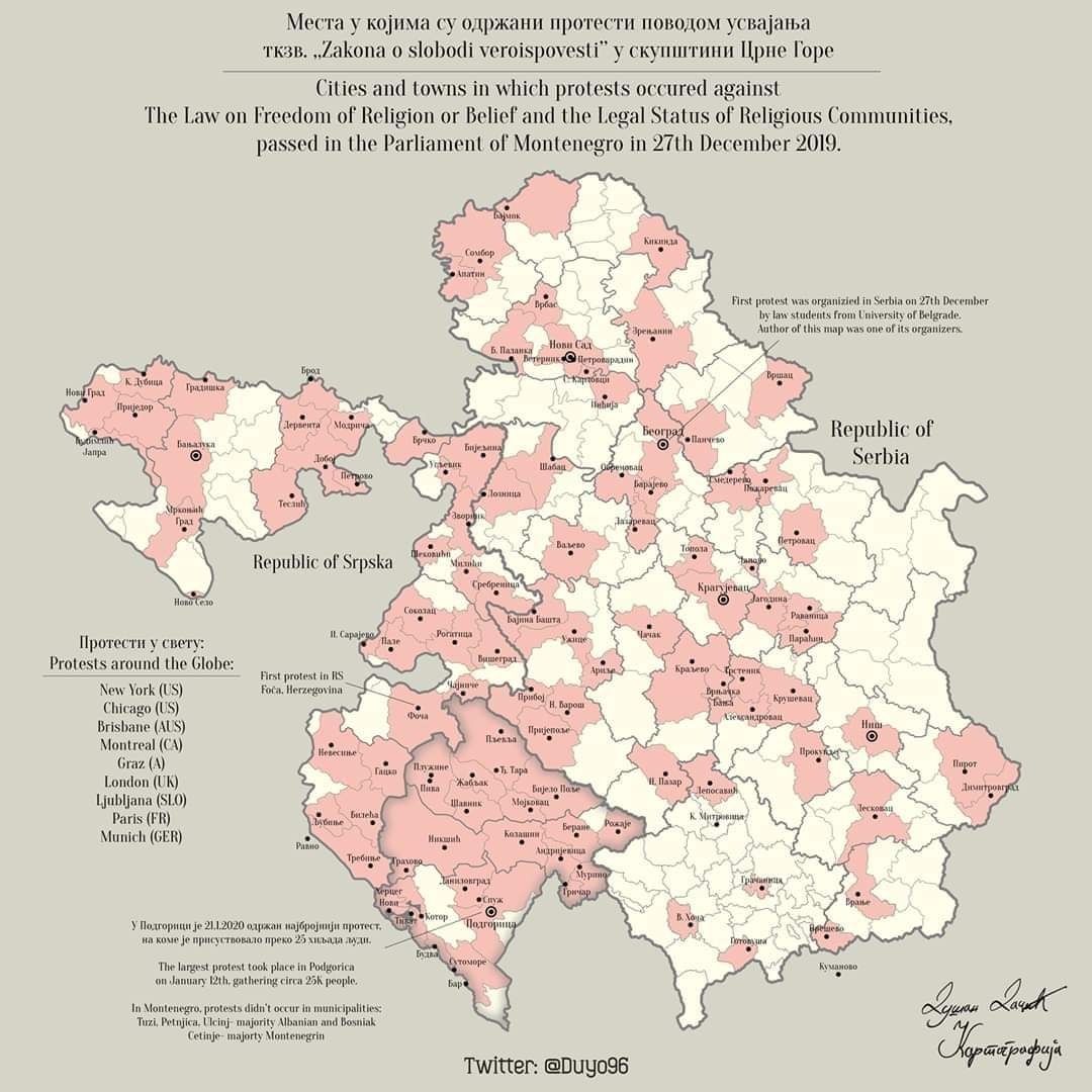Мапа мјеста у Србији, Српској и С.Македонији у којима су одржане литије и скупови подршке браћи у Црној Гори